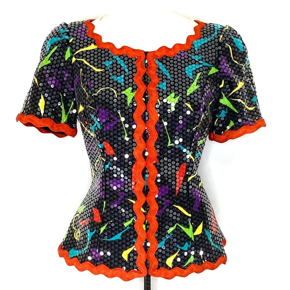 SHOP CLOSING! Vintage 80s Rimini Colorful Sequined Short Sleeve Blazer Top M